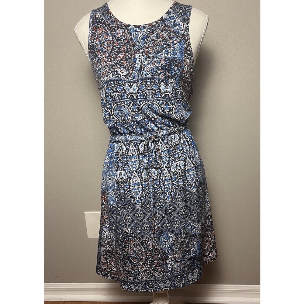 BCBG Generation Blue Paisley Drawstring Tie Size Small Midi Lightweight Shift b2